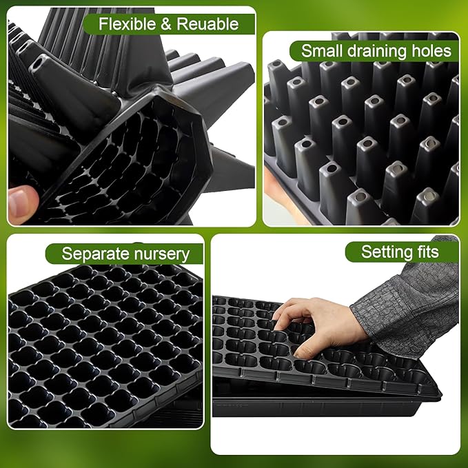 RooTrimmer 10Pcs 128 Cell Seed Starter Trays, Thick Durable Nursery 128 Cell Plug Tray Seedling Flat Plastic Shallow Tray for TD538 1020 Trays (21.26", 11.02", Deep 1.89"), GGBQ128