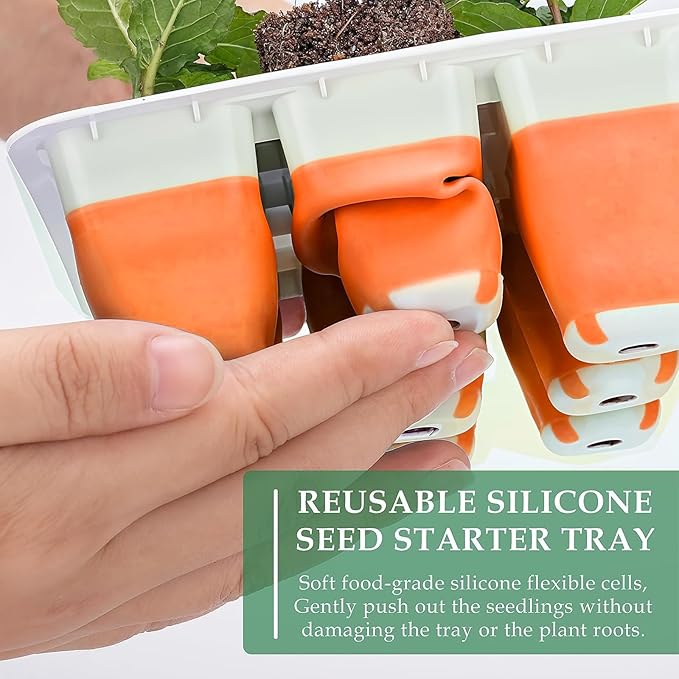6pcs Reusable Seed Starter Kit, 72 Cells Seed Starter Trays, Silicone Seedling Starter Trays for Starting Plant Seeds with Flexible pop-Out Cells, Indoor Gardening Plant Germination Trays, Orange