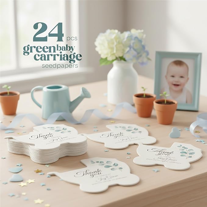 Seed Bloom Carriage-Shaped Seed Paper – 24 pcs Green Shower Favors for Guests with Wildflower Seeds, Writable & Plantable, Gender Reveal, Birthday Gifts for Guest