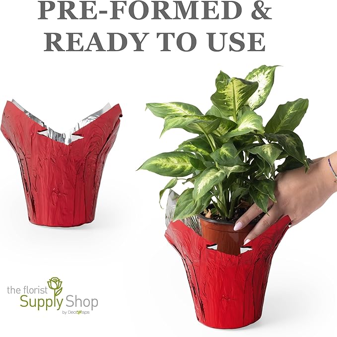 4.5” STD Plant Pot Covers, Decorative Plant Sleeve for Indoor & Outdoor House Plants, Reusable and Gift-Ready Foil Wrap for Flower Pots, Red Metallic, Pack of 5