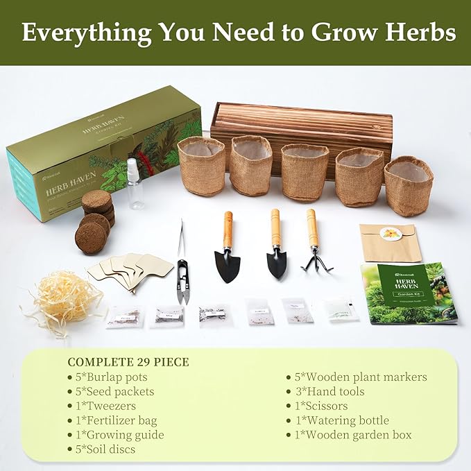 5 Herb Garden Planter Indoor with Wooden Box, Home Kitchen Seed Starter Kit Including Basil, Thyme, Parsley, Rosemary, Mint, Birthday, Mothers Day, House Warming, Gardening Gifts for Women, Mom