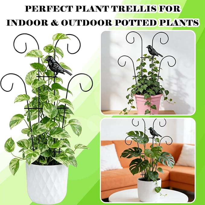 14.2 inch Small Trellis for Potted Plants, 2 Pack Rustproof Metal Plant Trellis for Climbing Plants Indoor, Sturdy Houseplant Support with Bird Ornament for Ivy, Pothos, Hoya, Vine (2 Pack)