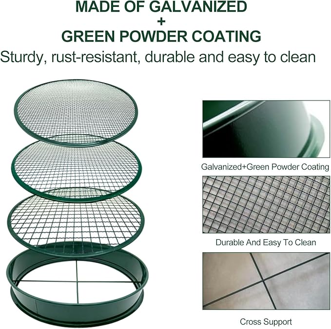 11.8 Inch Garden Soil Sifter Set Dirt Sifter with Interchangeable Screens,Multi-Functional Rock Sifter for Gardening Compost Bonsai and Sand Separation (Green)