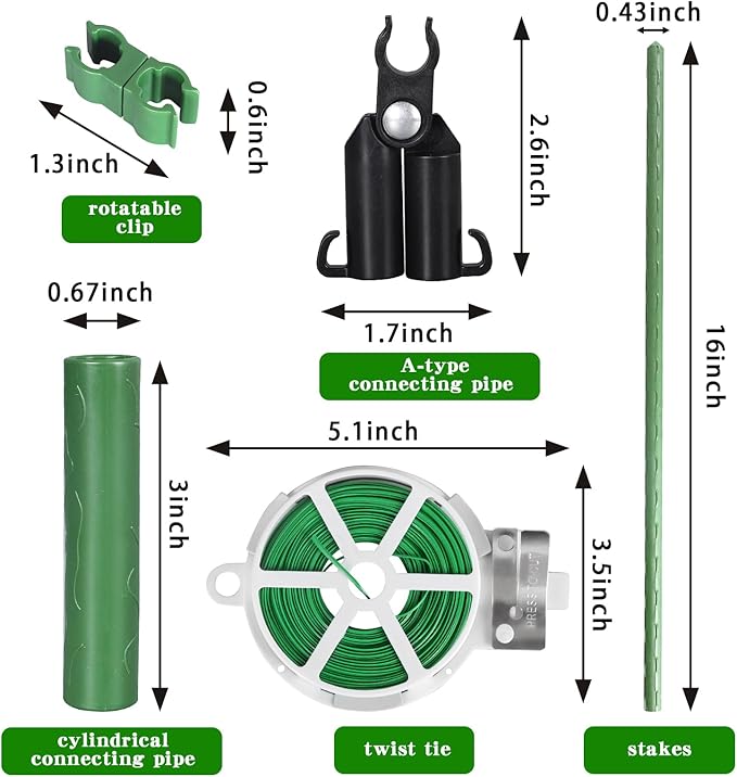 Garden Stakes 60 Pack, 16 Inch Each, DIY 3ft 4ft 5ft 6ft 7ft Sturdy Steel Plant Stakes with 50 Connectors, 30 Rotatable Clips, 10 A-Type Connecting Pipe and 164 Feet Twist Tie for Climbing Plants