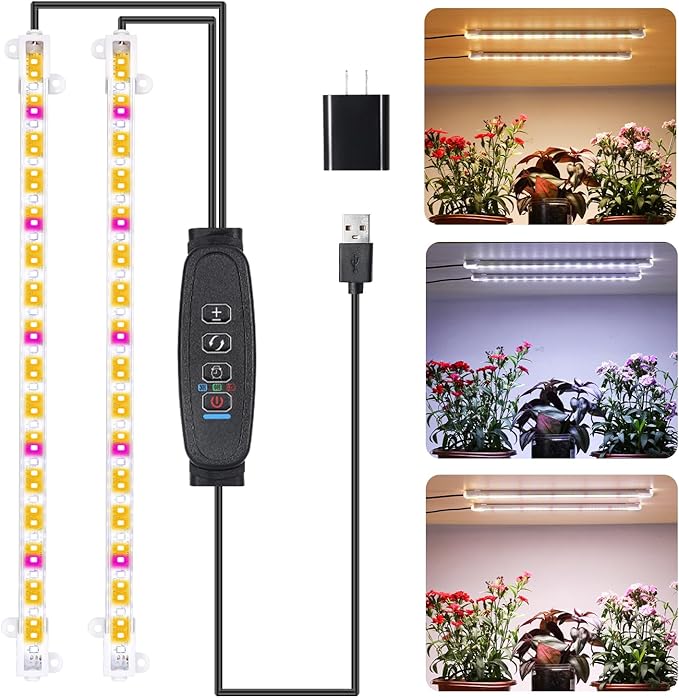 RWNTAO Two Strip Growing Lamp for Indoor Plants, Red & 3000K & 6000K Full Spectrum LED Grow Light Strips with Auto ON/Off 3/9/12H Timer,10 Dimmable Levels for Green House Succulent (13 in)