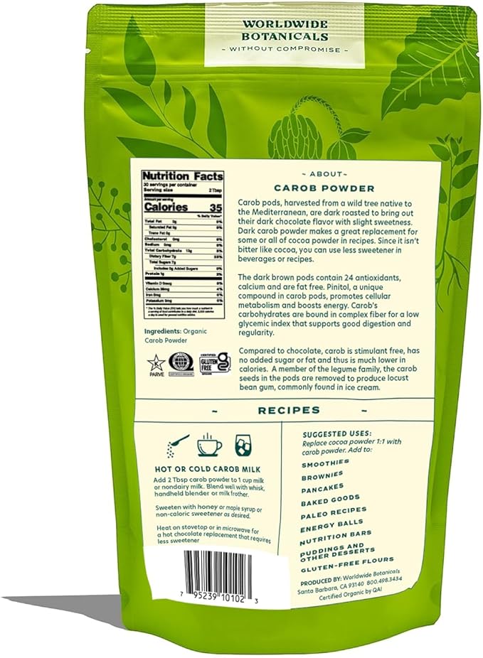 Worldwide Botanicals Organic Carob Powder, Dark Roast – 1 lb – Caffeine Free Cocoa Alternative – Low Fat Super Food with Natural Sweetness– Gluten Free, Kosher, 16 ounces
