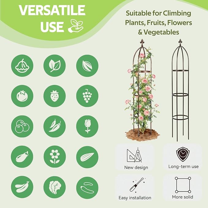 100% Metal Obelisk Trellis for Climbing Plants Outdoor - Heavy Duty Stone Coated Steel Garden Arch Trellis - Tall Sturdy Rustproof Vertical Plant Support for Climbing Vine Vegetables Flowers