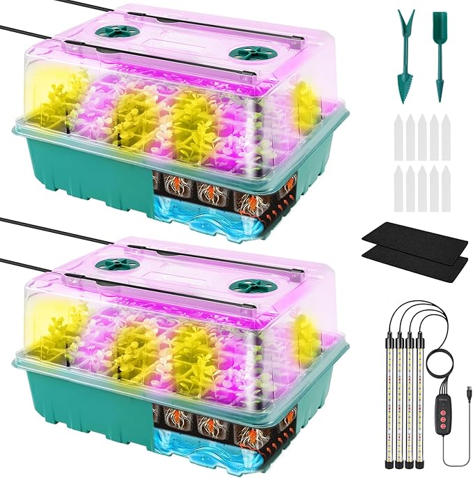 96 Cells Self-Watering Seed Starter Tray with Grow Light, Seed Starter Kit with Adjustable Humidity Dome, Seed Starting Trays Plant Starter Kit for Seeds Growing Starting, Indoor Gardening, Greenhouse