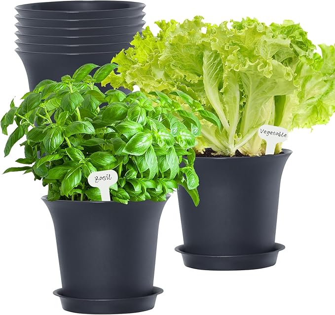 Planter Pots 8 Packs, 7.2 Inches Flower Pots with Drainage Holes & Trays, Ideal for Succulents, Herbs, Flower, African Violet, Garden Plant Pots for Home Garden Kitchen Decor (Dark Grey-2)