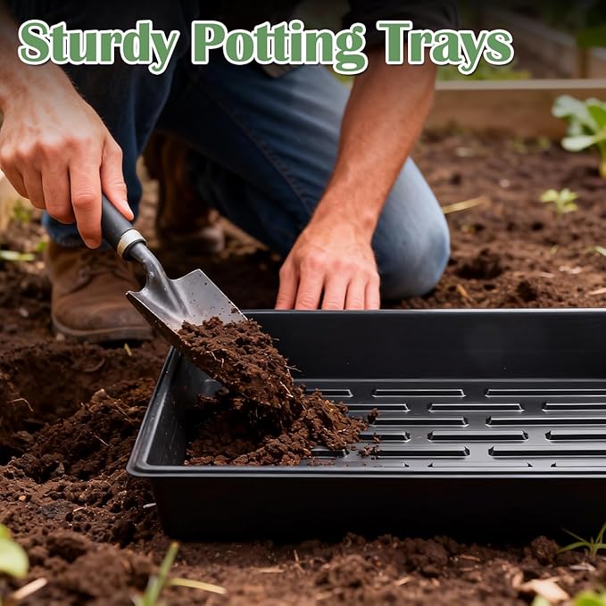 20 Pack Nursery Pots Trays (16.5"x13.2"x2.8"), Plastic Seed Starter Trays, Durable Carrying Seedling Starter Tray, Reusable Tray for Planting and Collecting Drainage Water (Black)