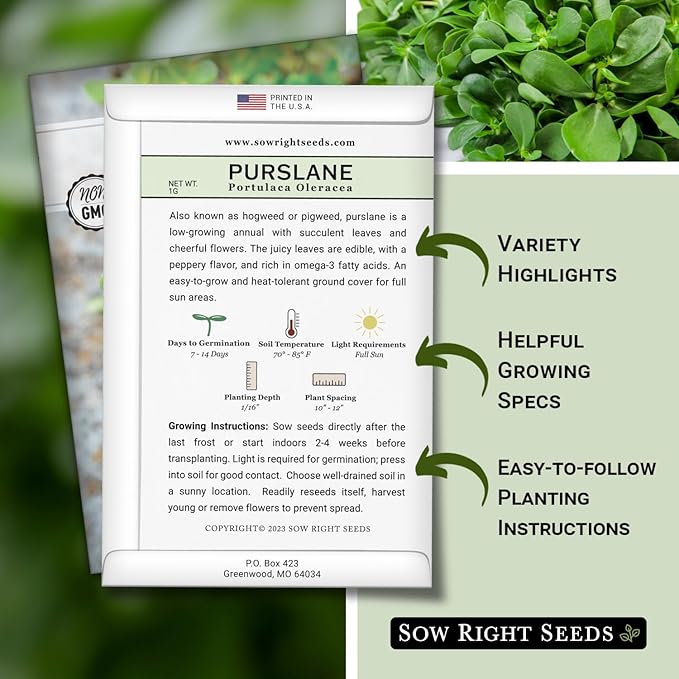 Sow Right Seeds - Purslane Seeds for Planting - Non-GMO Heirloom Packet with Instructions to Grow an Outdoor or Indoor Vegetable Garden - Rare Edible & Culinary Variety - Medicinal Benefits & Uses (2)
