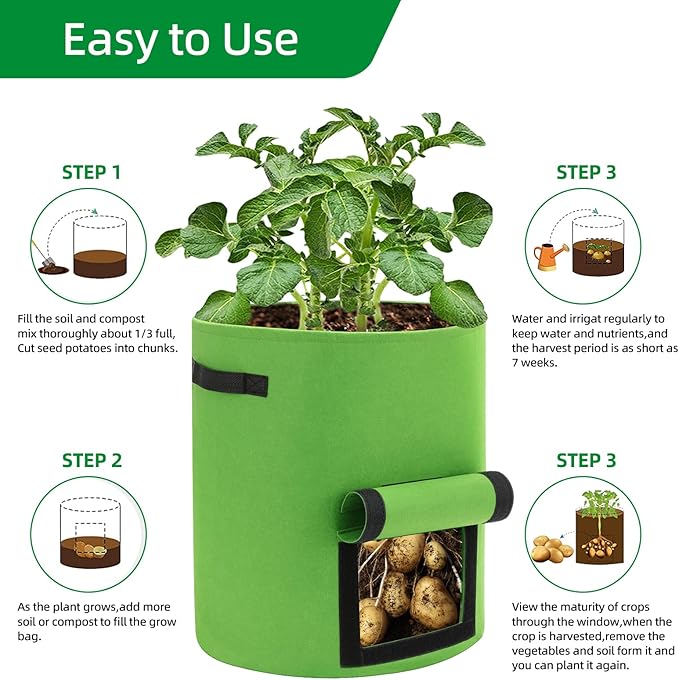 10 Gal Potato Grow Bags - Thickened Nonwoven Fabric Pots, Plant Bags with Flap for Growing Potatoes, Tomatoes, Fruits, Herbs (Light Green)