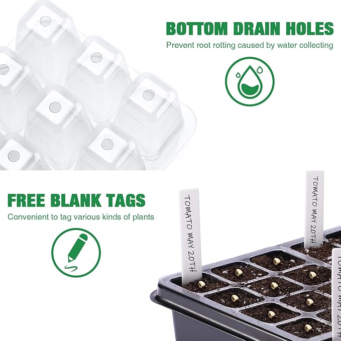 Delxo 3-Pack Seed Starter Tray Seedling Kit Tray (48 Cells) Humidity Adjustable Plant Germination Kit Garden Seed Starting Tray with Clear Dome and Black Base Plus Plant Tags Hand Tool Kit