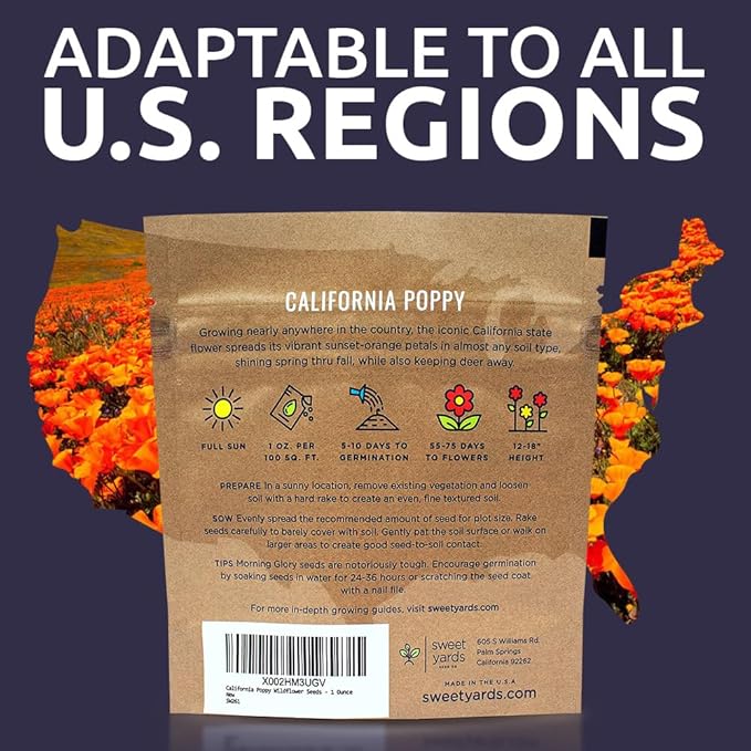 California Orange Poppy Wildflower Seeds - Bulk 1 Ounce Packet - Over 20,000 Native Seeds - California State Flower!