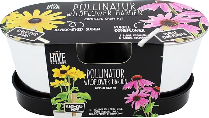 BUZZY Seeds Pollinator Garden Grow Kit with 2 Galvanized Metal Pots, Black-Eyed Susan and Coneflower Seeds, Growing Medium, Plant Markers, Chalk and Easy Instructions, Great Gift for Plant Lovers