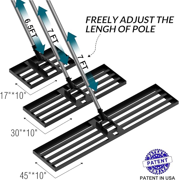 Walensee Lawn Leveling Rake, Levelawn Tool, Heavy Duty Effort Saving Lawn Level Tool, Steel Handle Lawn Leveler for Yard Garden Golf Course , Ease Level Soil Sand Dirt Surfaces, 6.5FT 17"x10"