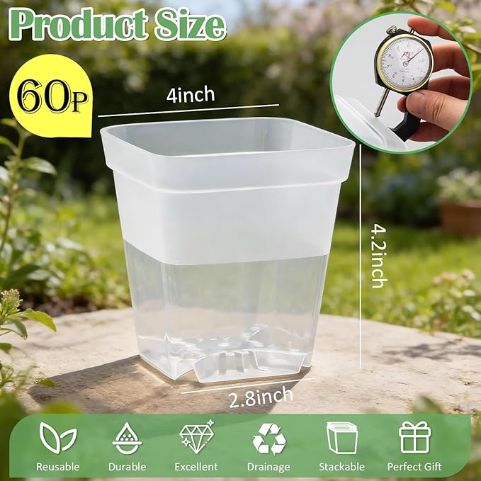 60 Pcs Clear Square Nursery Pots 4 Inch, Reusable Seedling Pots with Drainage Holes, Transparent Small Plant Potting Pot Containers for Seedlings Microgreens, Flowers, Indoor Gardening