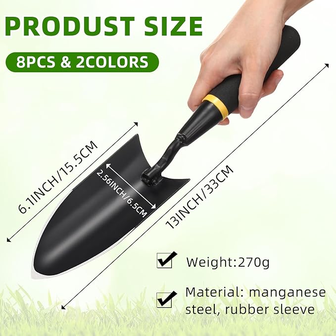 8 Pcs Garden Hand Trowel Heavy Duty Carbon Steel Garden Shovels Tools with Resin Rubberized Handle for Camping, Digging, Soil Planting, Transplanting, Lawn Yard Farm (Narrow Shovels)