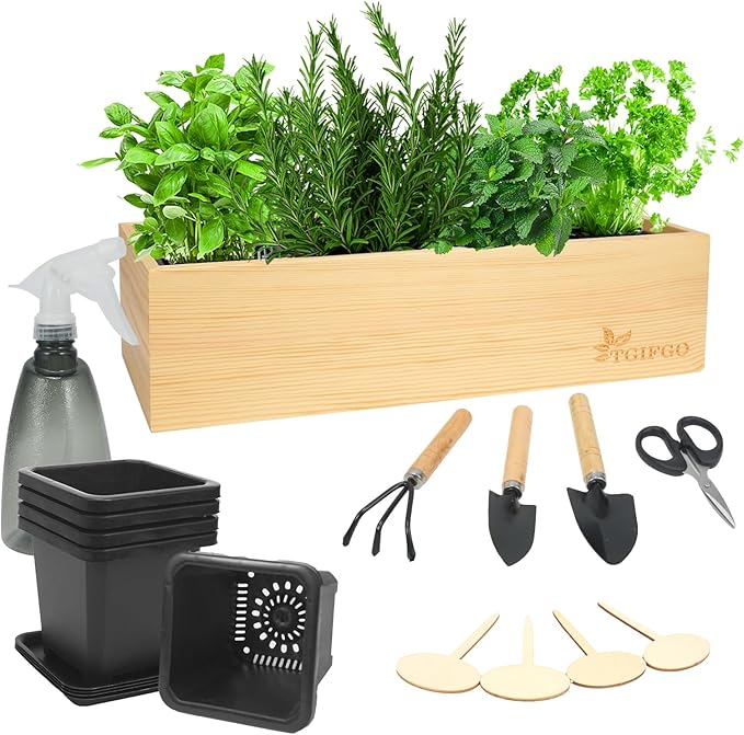Herb Garden Planter Indoor Kit,Indoor Garden kit Come with Wooden Box &17 Planting Tools,Indoor & Outdoor Herb Planter for Kitchen Windowsill,Herb Plant Pot for Gardener,DIY Indoor Grow Kit Gifts
