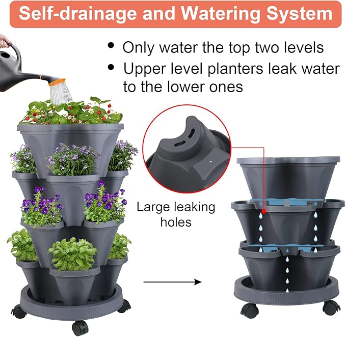 GameXcel Vertical Planter 4 Tier Stackable Planters Garden Planters Strawberry Herb Flower and Vegetable Planter Indoor Outdoor Gardening Pots with Removable Wheels and Tools