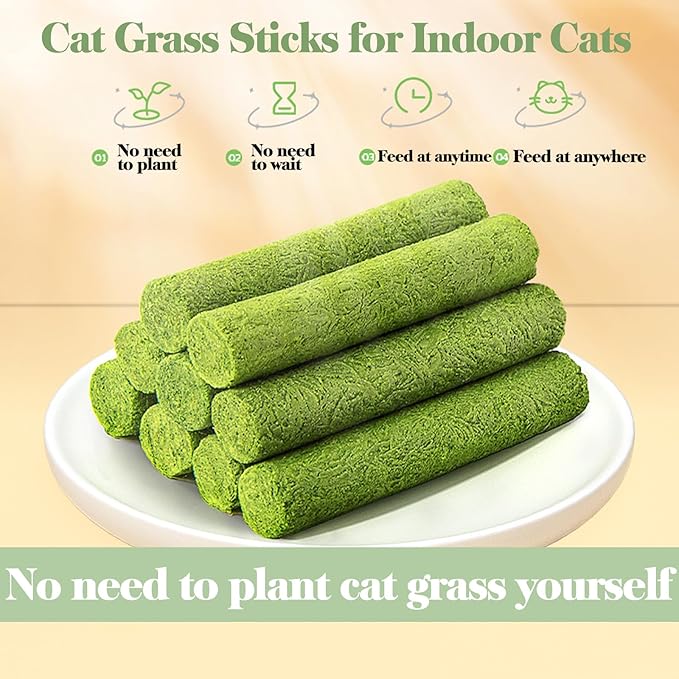 Petllgood 120g Cat Grass Teething Stick, Freeze Dried Cats Grass Stick Edible Cat Chew Toy for Teeth Cleaning Dental Health and Hairball Removal