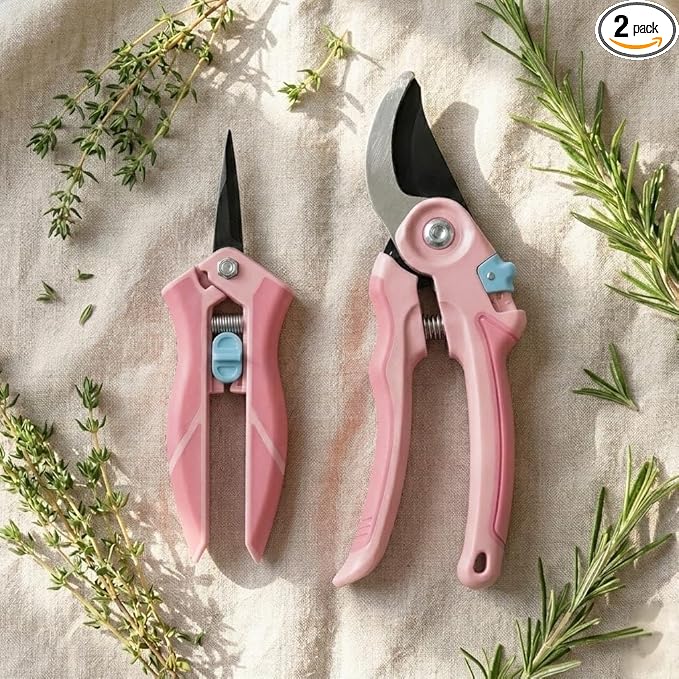 NEXON Garden Pruning Shears 2 Pack, 8" Bypass Hand Pruner & 6.25" Precision Garden Scissors, Professional Garden Clippers for Plants and Flowers Pink