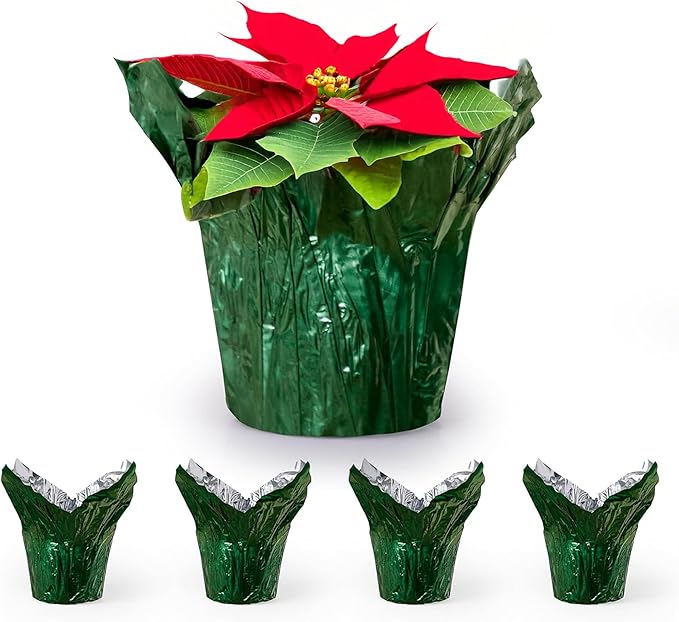 6” AZA Plant Pot Covers, Decorative Plant Sleeve for Indoor & Outdoor House Plants, Reusable and Gift-Ready Foil Wrap for Flower Pots, Evergreen, Pack of 5