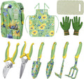 10-Piece Garden Tool Set – Green Floral Print Gardening Hand Tools with Non-Slip Handles, Heavy Duty Rust-Proof Aluminum Tools, Organizer Tote Bag, Ideal Gardening Gifts for Women & Grandma