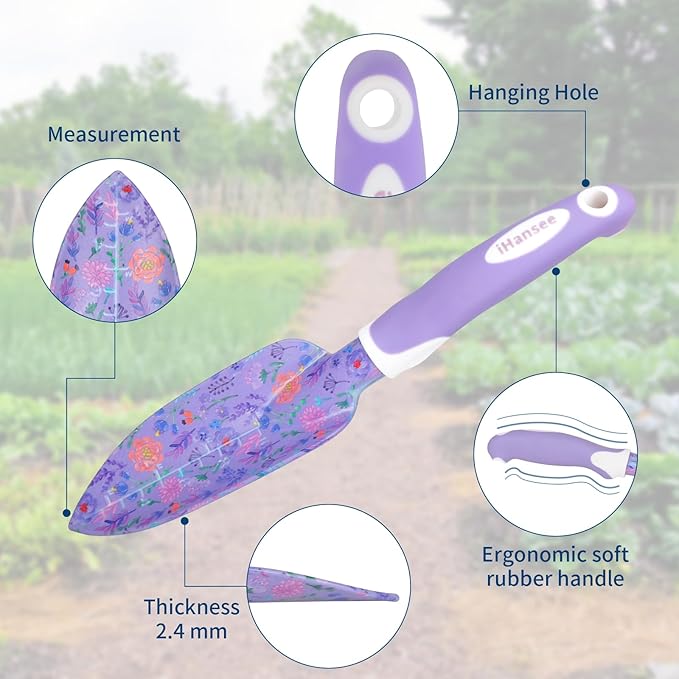 Purple Garden Tool Sets 10-Piece, Aluminum Alloy Steel Hand Tools w/Non-Slip Ergonomic Handle, Floral Print Garden Supplies Organizer Handbag, Cute Gardening Tools Gift for Women Grandmother