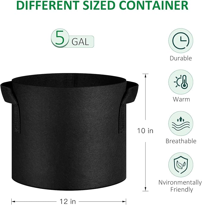 24-Pack 5 Gallon Thickened Non-Woven Grow Bags, Aeration Fabric Pots with Handles
