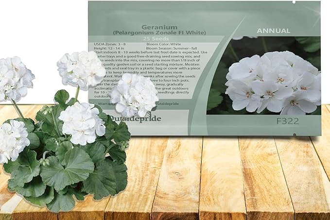 Outsidepride White Geranium Seeds for Planting - 50 Pcs Annual, Heat & Drought Tolerant Flower Seeds with Green Foliage & White Blooms for Pots, Borders & Lush Summer Garden Displays