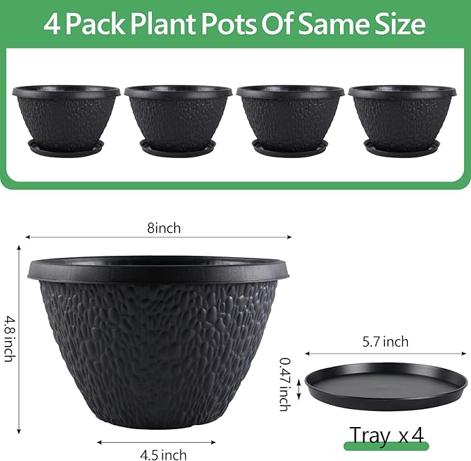 4 Pack 8 inch Plant Pots for Outdoor Indoor, Durable Flower Pots with Drainage, Indoor Outdoor Planters for Herbs Flowers (Black Pebbles Design)