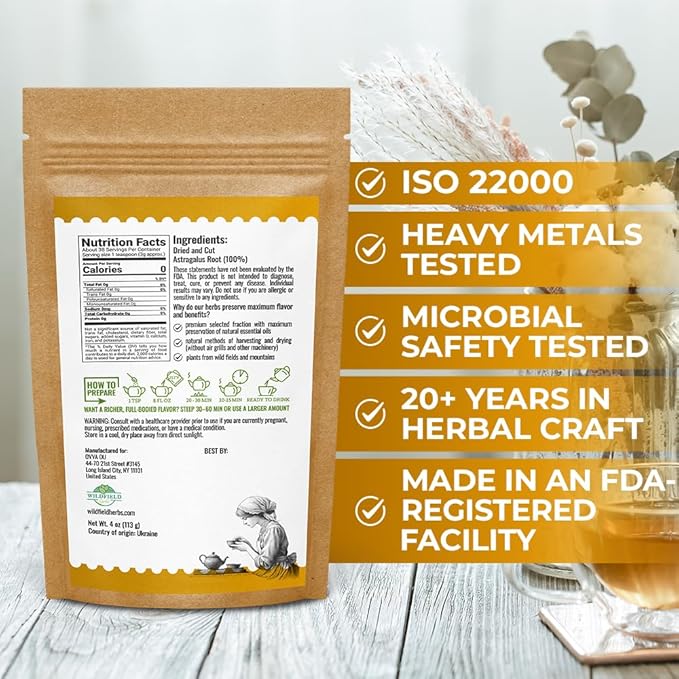 WILDFIELD HERBS 4 oz. Astragalus Root Herbal Tea – 113g Dried Astragalus Root Tea Huang Qi Raíz de Astrágalo