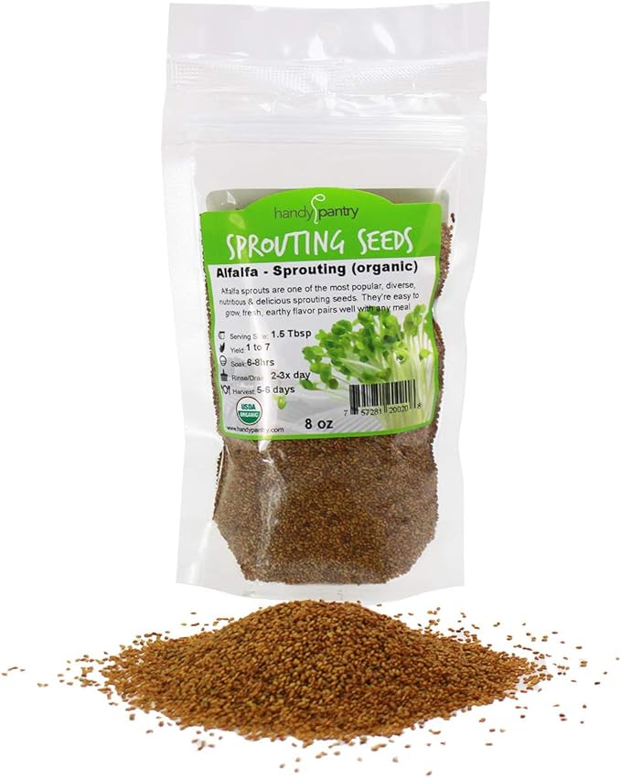 Certified Organic Alfalfa Sprouting Seed- 8 Oz - Handy Pantry Brand - High Sprout Germination- Edible Seeds, Gardening, Hydroponics, Growing Salad Sprouts, Planting, Food Storage & More