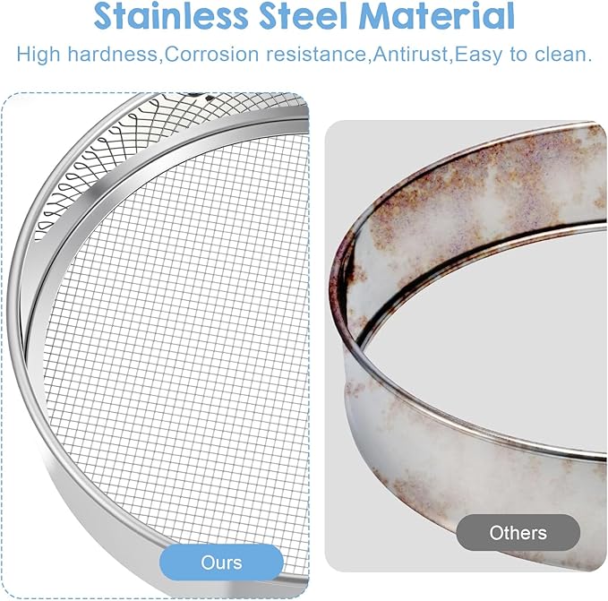 4 PCS Sifter for Rocks, 10 Inch Soil Sifter for Gardening with 3, 6, 9, 12 mm Stainless Steel Sifting Screen Round Rock Crusher for Sifting Sand, Soil, Stones Compost and Cat Litter