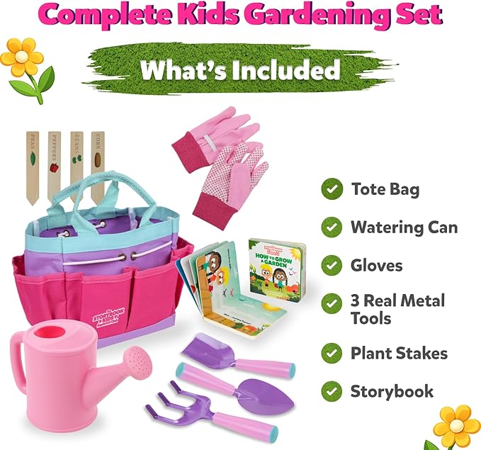 Pink Kids Gardening Tools - Includes Sturdy Tote Bag, Watering Can, Gloves, Shovels, Garden Stakes, and a Delightful Children's Book How to Garden Tale - Kids Garden Tool Set for Toddler Age on up.