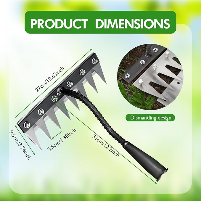 Iron Weeding Rake 2.0, 8 Teeth Carbon Steel Garden Weeding Rakes, Heavy-Duty Iron Rake for Gardening and Weeding