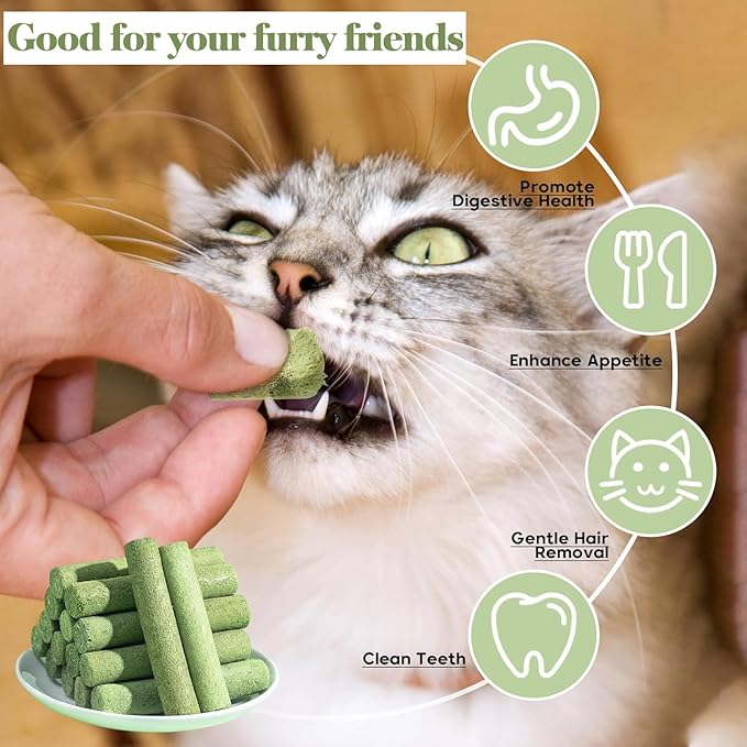 Petllgood 120g Cat Grass Teething Stick, Freeze Dried Cats Grass Stick Edible Cat Chew Toy for Teeth Cleaning Dental Health and Hairball Removal