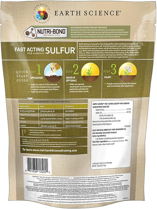 Earth Science Fast Acting Sulfur Granules – 5lb – Soil pH Reducer, Lowers pH Instantly, Reduces Nutrient Runoff, Improves Growth & Color for Acid-Loving Plants, Long-Lasting Lawn Care Supplement