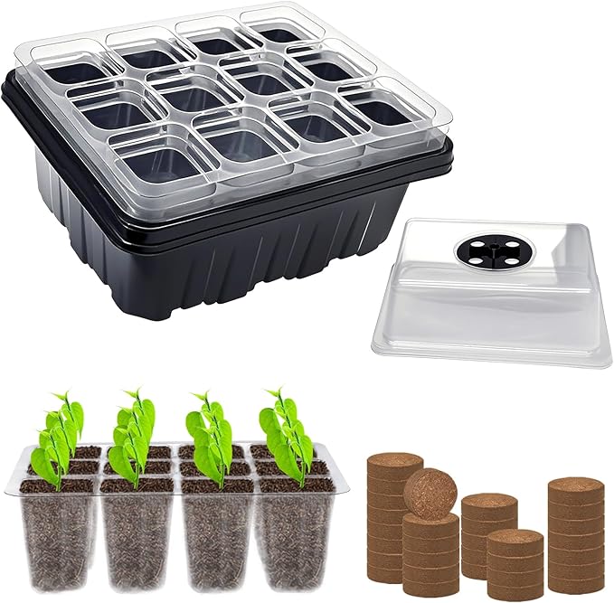 ZeeDix Seed Starter Kit, 2 Pack Seed Starter Trays with 30 PCS Coco Pellets, Base Tray for Indoor Planting, Mini Greenhouse Germination System for Herbs Vegetables Gardening Supplies(24 Cells)