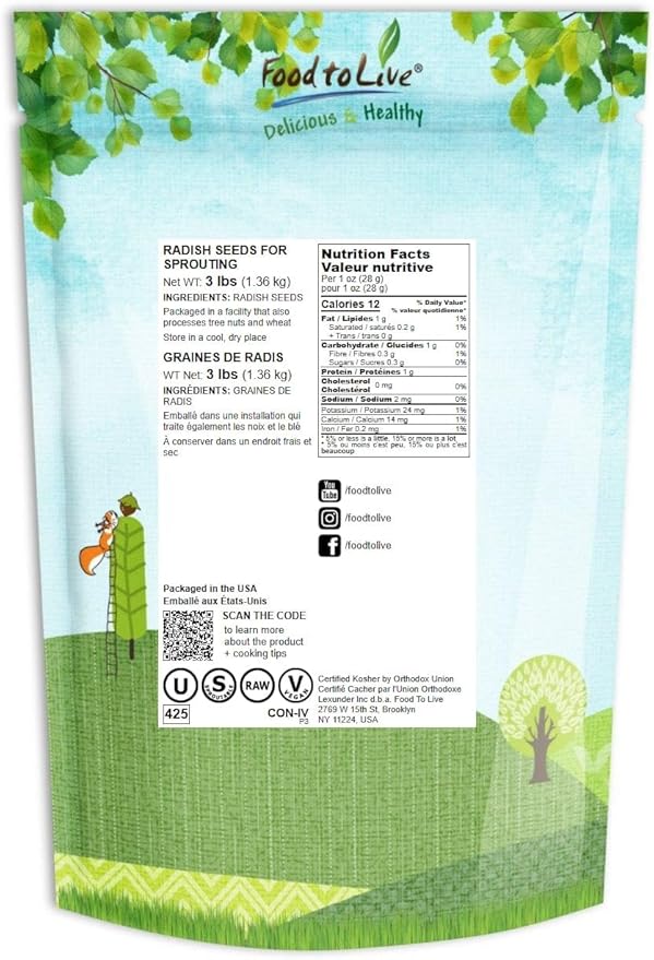 Food to Live - Radish Seeds for Sprouting, 3 Pounds Edible Seeds, Pure, Vegan, Kosher, Bulk. Rich in Vitamin C. High Germitation Rate. Grow Sprouts, and Microgreens for Salad, Sandwiches, Rolls.