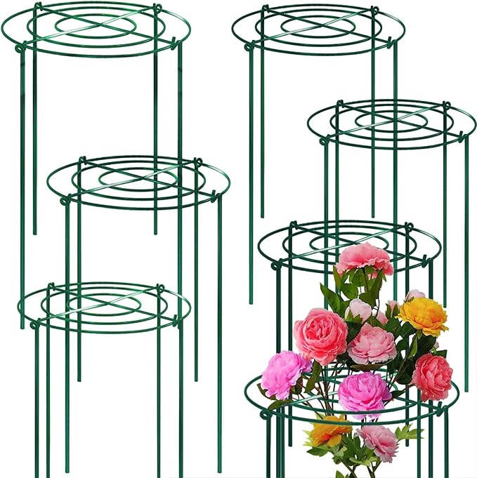 TCBWFY 8 Sets Peony Support Cage, 12" Dia x 24" High, Heavy Duty Metal Plant Support, Grow Through Hoops Grids, 4mm Legs, Green, Round
