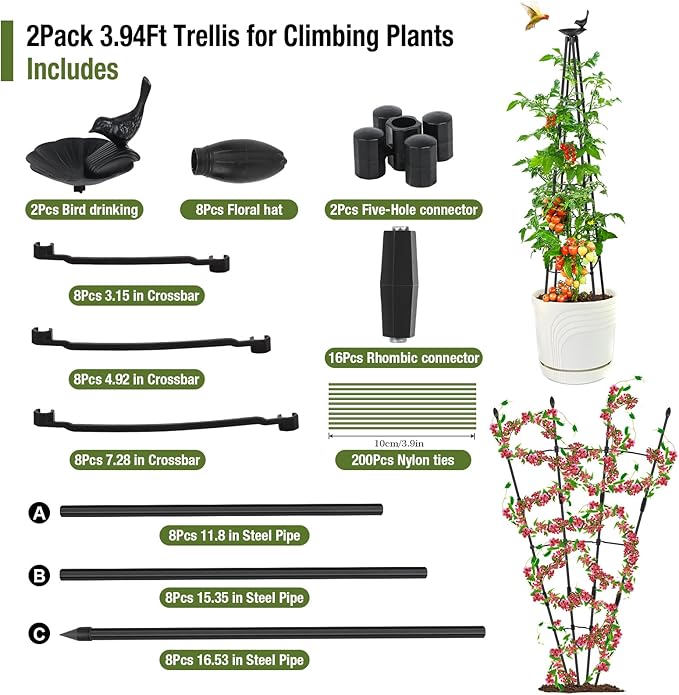 4Ft Garden Trellis for Climbing Plants Outdoor, 2Packs Trellis for Monstera Plants Indoor Large, Tower Obelisk & Fan-Shaped Plant Support Garden Trellis for Potted Flowers, Tomatoes, Vines