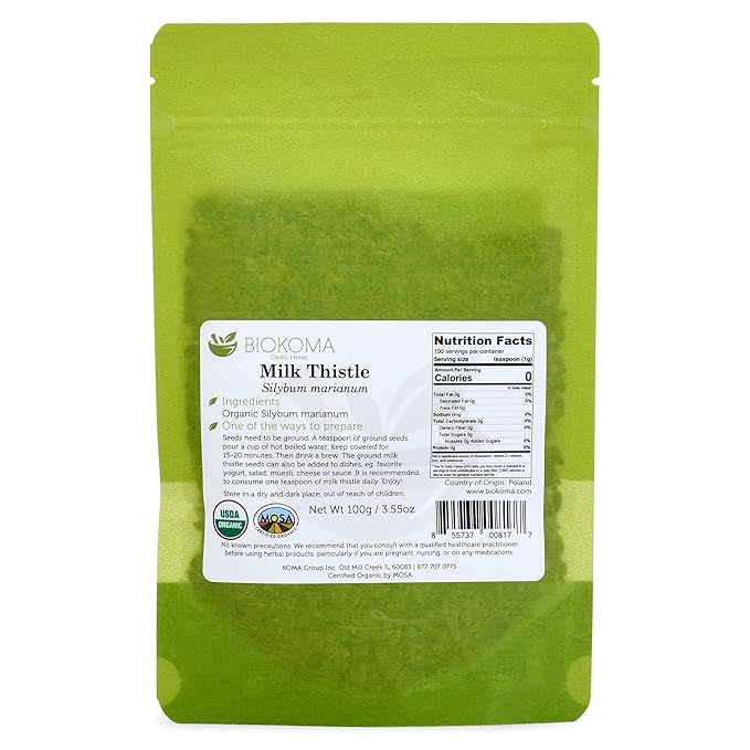Biokoma Pure and Organic Milk Thistle Seeds 3.55 oz, Silybum Marianum for Milk Thistle Tea, USDA Organic Herbal Tea, Loose Whole Seeds in Resealable Moisture Proof Pouch, Non GMO, No Additives, Kosher