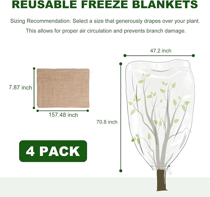 4 Pack 47 x 71 Inch Plant Covers Freeze Protection, Frost Cloth Plant Freeze Protection with Burlap Tree Wrap, Reusable Breathable Freeze Blankets with Drawstring for Fruit Tree Shrub Potted