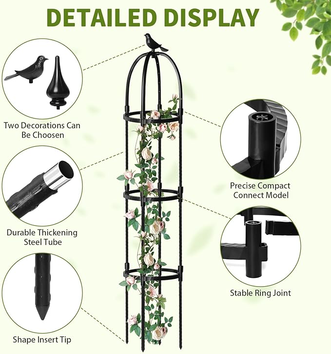 Garden Obelisk Trellis for Climbing Plants Outdoor, 1Pcs 6.2FT Rustproof Metal Plant Flower Trellises,Garden Obelisk Trellis for Indoor Outdoor Flowers Vegetable Fruits Vines Support (Black)