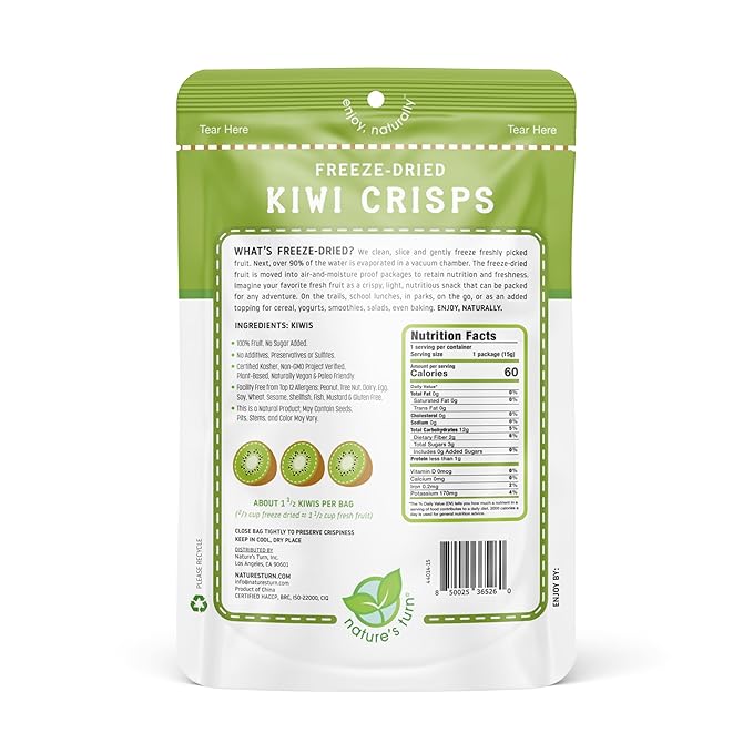 Nature’s Turn Freeze-Dried Fruit Crisps – Healthy, Gluten-Free, Crispy & Delicious, Plant-Based Snack, Ideal for Cereal, Smoothies, School Lunches, & On-the-Go, Sour Kiwi, Bags of 12 (0.53 oz Each)