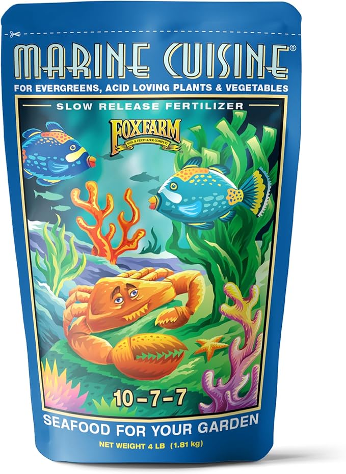 FoxFarm Marine Cuisine All Purpose Fertilizer - 10-7-7 Ocean-Based Plant Food with Crab Meal, Seabird Guano - Slow Release Fertilizer for Vegetables, Flowers, Roses & Container Plants - 4 lb