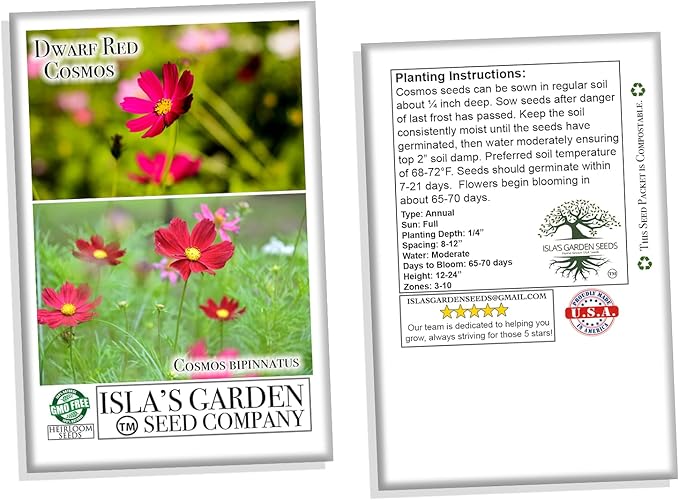 Dwarf Red Cosmos Flower Seeds for Planting, 100+ Heirloom Seeds Per Packet, (Isla's Garden Seeds), Non GMO Seeds, Scientific Name: Cosmos Bipinnatus, Great Home Flower Garden Gift