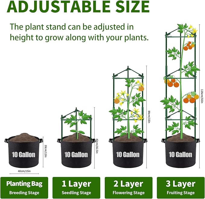 PASARA Tomato Cages with Grow Bags - 50 Inches Tomato Trellis for Raised Garden Bed, 3-Pack Tomato Plant Support, with 10 Gallon Plant Grow Bags, Reusable and Height Adjustable
